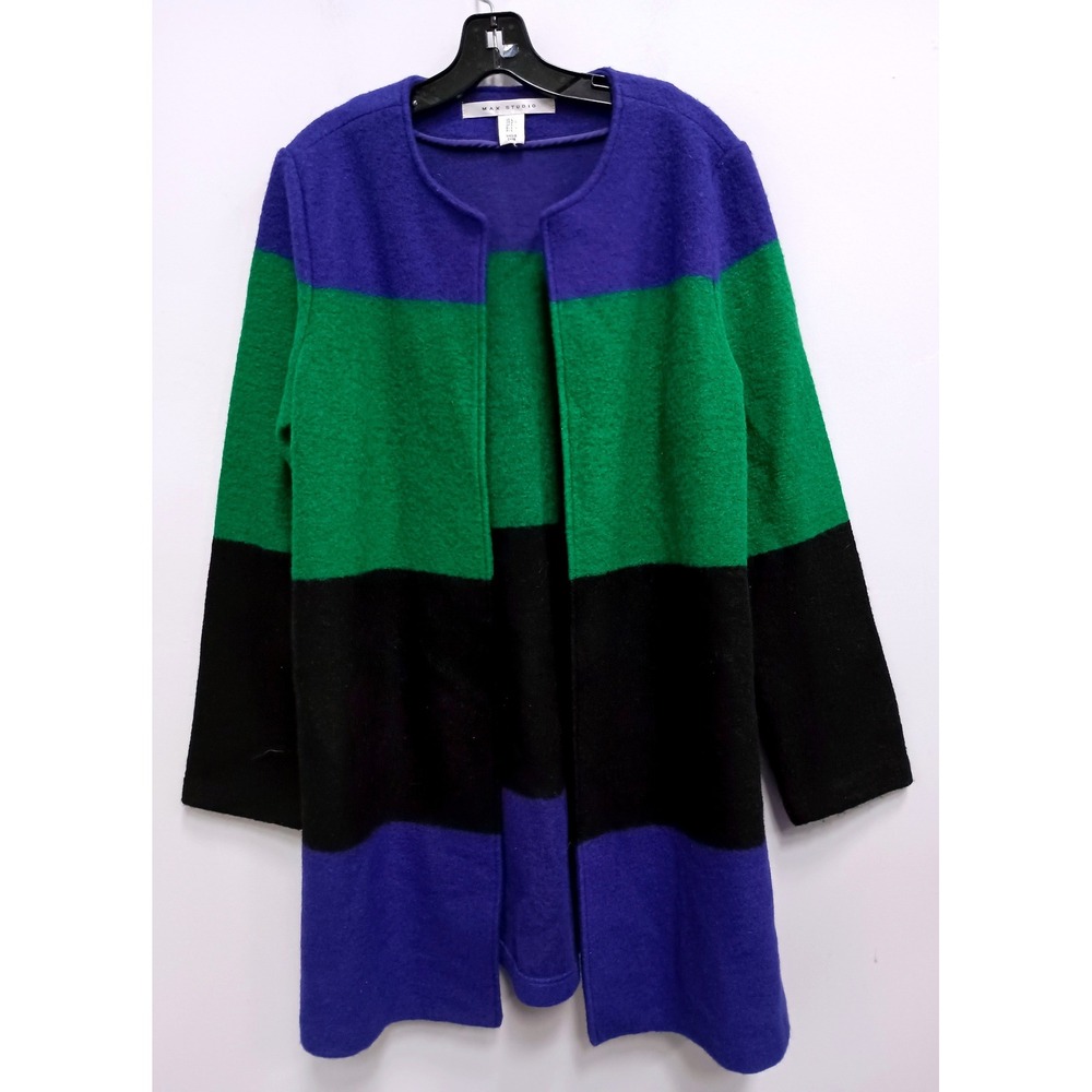 Max Studio Colorblock Coatigan Womens L Blue Green Black Wool Blend Quite Luxury